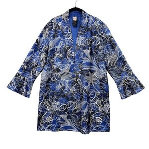 Chico's Travelers Crushed Reversible Open Long Jacket Size (2) 12-14 Blue Floral